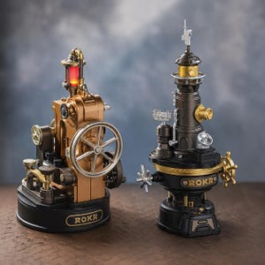 May include: Two steampunk-style models. One is bronze-colored with a red light and a large wheel. The other is black and gold, resembling a lighthouse with a ship's wheel. Both have the word "ROKR" on them.