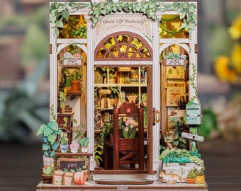 Miniatuurhuispakket met boekenhoekje | Green Life-boekwinkel | 3D-houten boekenplankinzet met led-verlichting | DIY-knutselproject voor volwassenen