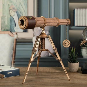 Monokulärt teleskop 3D-träpussel | Steampunk DIY-modellbyggsats för vuxna | Fungerande linsteleskop, present | Laserskuret träslöjd