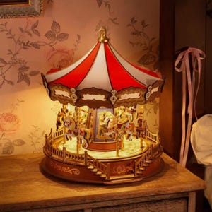 DIY Wooden Carousel Music Box Kit: 3D Puzzle with Lights & Rotation