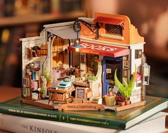 Libreria d'angolo - Kit fai da te per casa in miniatura / Modello 3D in legno di libreria con luci a LED / Kit per casa delle bambole fai da te - Regalo per adulti e ragazzi