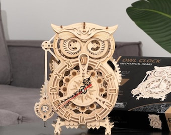 DIY Wooden Owl Clock 3D Puzzle | Mechanical Gear Model Kit | Working Pendulum Clock | Steampunk Home Decor Gift for Adults