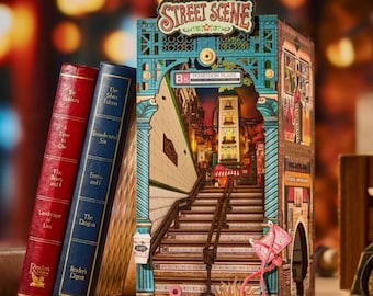 Street Scene DIY Book Nook Kit – Miniature Urban Shelf Insert with LED Lights, Wooden Bookshelf Decor Gift