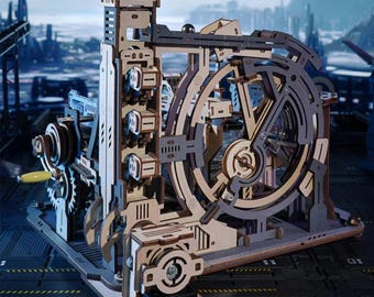 Marble Run Spaceport | Mechanical 3D Puzzle Kit with Motor | Wooden Marble Run DIY Engineering Model | STEM Gift for Adults