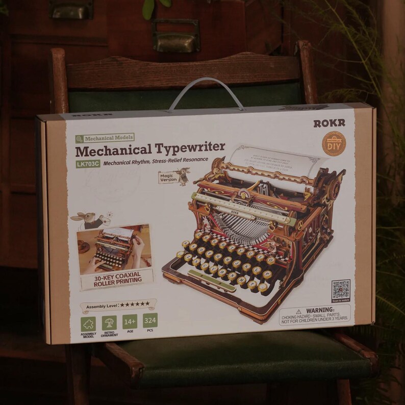 Type Writer Box Mechanical Typewriter Wooden Model Kit, DIY 3D Puzzle, Functional ...