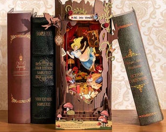 Fall Into Wonder DIY-inzetstuk voor boekenhoekje • 3D houten miniatuur boekenhoekje • Decor sprookjesachtig wonderland • Creatief cadeau voor lezers