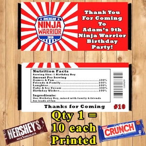 American Ninja Warrior Birthday Candy Bar Wrappers 10 each Personalized Printed