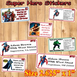 Superhero Birthday Stickers Address Thank You Labels Favor Stickers 1 sheet Personalized Printed