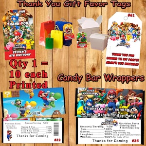 Super Smash Mario Brothers Birthday Candy Bar Wrappers or 10  Thank You Tags  Personalized Printed