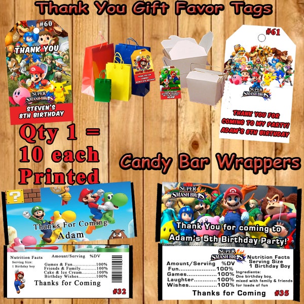 Super Smash Mario Brothers Birthday Candy Bar Wrappers or 10  Thank You Tags  Personalized Printed