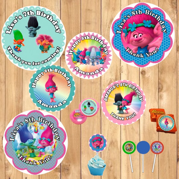 Trolls Birthday Round Stickers Favor 1 sheet Personalized Printed