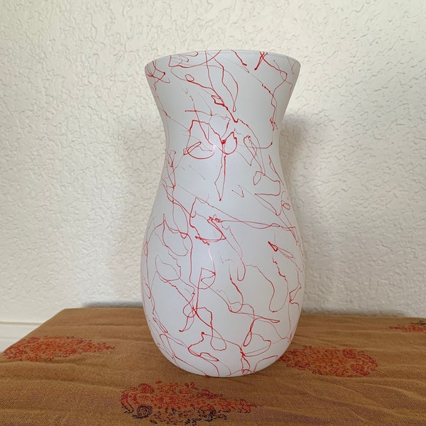 Vintage Frosted Glass Vase with Red Spaghetti Drizzle