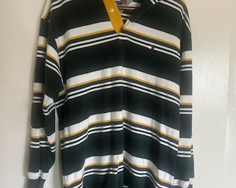 Tommy Hilfiger Long Sleeve Polo Green And Gold Stripes