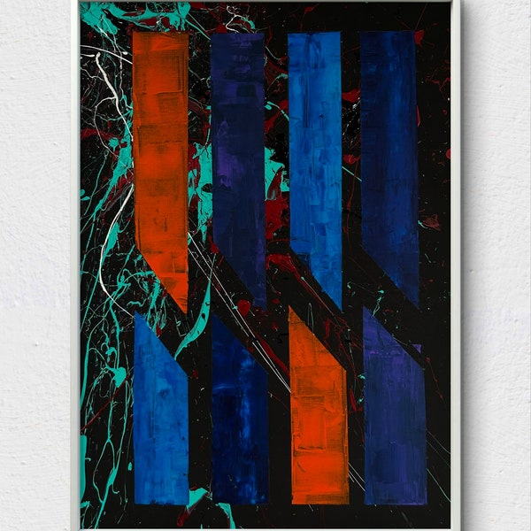 Dessous - peinture abstraite bleue, violette, orange, violette, turquoise, rouge et noire sur toile, toile tendue, oeuvre d'art moderne originale