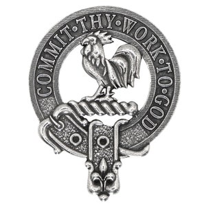 May include: A silver pewter clan crest with a rooster standing on a rope, surrounded by a circle with the text "COMMIT THY WORK TO GOD".