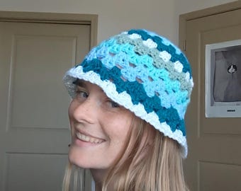 Blue Toned Granny Stitch Bucket Hat | Handmade Festival Hat | Unisex Streetwear