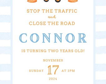 May include: A watercolor-style birthday invitation with a construction theme. The invitation features a yellow dump truck, orange cones, and hard hats. Text includes "Connor is turning two years old!" and event details.