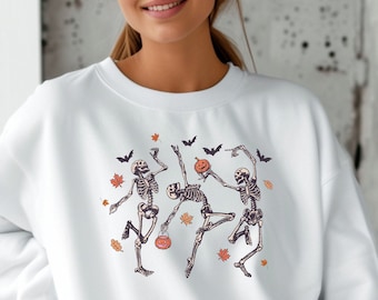 Esqueletos da moda dançando moletom de Halloween, moletom de abóboras de esqueleto, moletom de temporada assustador, moletom chique de Halloween, morcegos