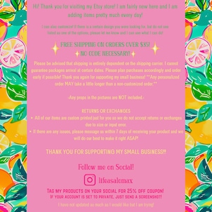 May include: A pink informational graphic with a lemon and leaf pattern border. The text provides store policies, including shipping details, return information, and social media handles for the shop lifeasalomax, set against a bright pink background.