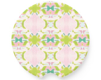 Posavasos para coche con diseño de caleidoscopio rosa y verde / Posavasos absorbente de esteatita / Bonitos accesorios para coche / Regalo para mujeres / Ideas de regalos de moda