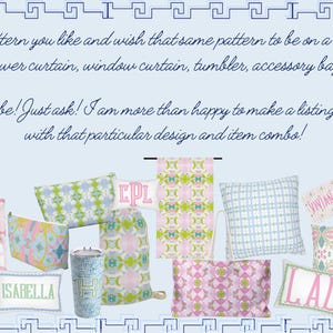 May include: A collection of home and personal accessories featuring various geometric and floral patterns in pink, green, and blue. Items include cushions, pouches, a tumbler, and a drawstring bag, some with personalised names like Isabella, CPL, Vivian, and LAL.