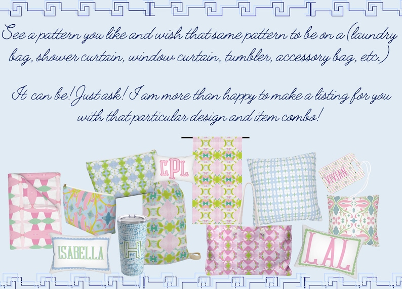 May include: A collection of home and personal accessories featuring various geometric and floral patterns in pink, green, and blue. Items include cushions, pouches, a tumbler, and a drawstring bag, some with personalised names like Isabella, CPL, Vivian, and LAL.