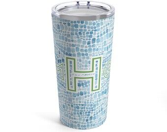May include: A stainless steel tumbler with a blue and white watercolor pattern and the letter "H" in green outlined in white.