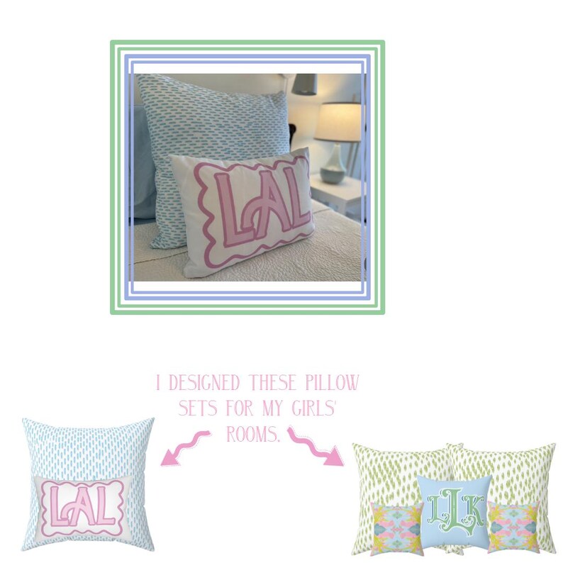 May include: A close-up of a pink pillow with the letters "LAL" in a white outline. The pillow is on a bed with a blue and white patterned pillow behind it. The text "I designed these pillow sets for my girls' rooms." is below the image.