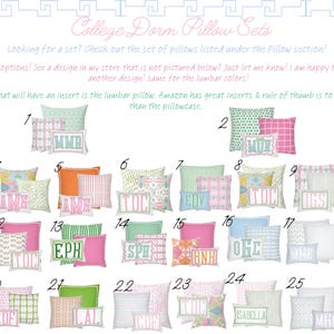 May include: A collection of twenty-six numbered pillow sets, each featuring a square pillow and a rectangular lumbar pillow with various patterns, colours, and monogrammed text. The image includes the header text College Dorm Pillow Sets.