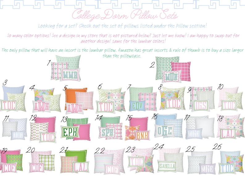 May include: A collection of twenty-six numbered pillow sets, each featuring a square pillow and a rectangular lumbar pillow with various patterns, colours, and monogrammed text. The image includes the header text College Dorm Pillow Sets.