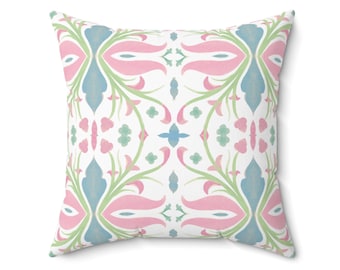 Mirrored Green Blue Pink Throw Pillow, Cute Dorm Pillow, Grandmillennial Pillow, Chinoiserie, Trendy Chic, Preppy Cute, Dorm Bedding Decor