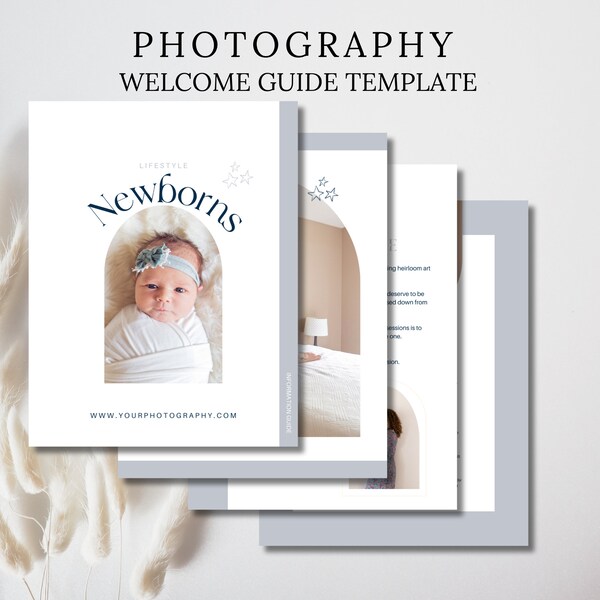 Boho Newborn Baby Session Photography, Blue Welcome Pricing Guide, Template Photographers Client Guide, Canva Template, Minimal Magazine