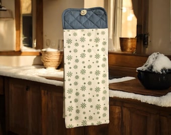 Hanging Oven Towel: Blue-Sage Winter Snowflake. Handmade- Machine Sewn