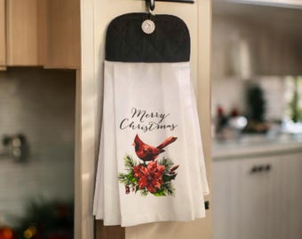 Christmas Cardinal pleated: Hanging Oven Towel Handmade- Machine Sewn