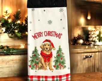 Potholder Hanging Oven Towel: Yellow Lab Christmas.  Handmade- Machine Sewn