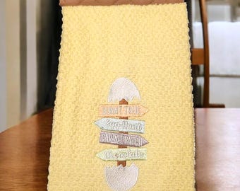 Handmade Easter Hanging Towel: Pastel Yellow Print, Brown Pot Holder