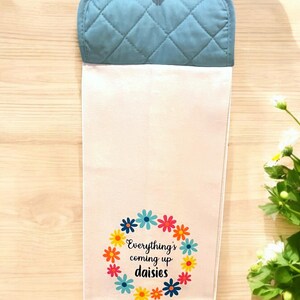 Springtime Kitchen, Teal Pot holder hand w/floral quoted towel.  Handmade Hanging Oven Towel - Machine Sewn