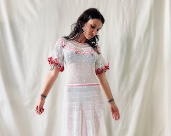 Vintage Lim&#39;s Crochet Lace Dress – Sheer White Boho Midi with Ruffle Sleeves & Embroidery – Romantic Cottagecore Style”