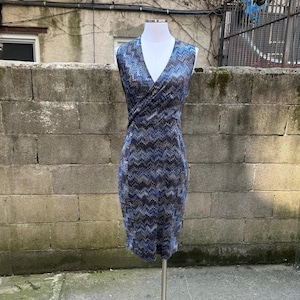 Vintage Authentic Missoni Lurex Knit Dress – Blue Chevron Sleeveless Midi Dress, Metallic Italian Designer Bodycon, Vintage Missoni Glam