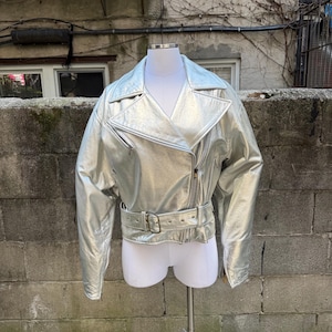 90s Silver Leather Moto Jacket: Vakko Metallic Rock N Roll Glam - Size M