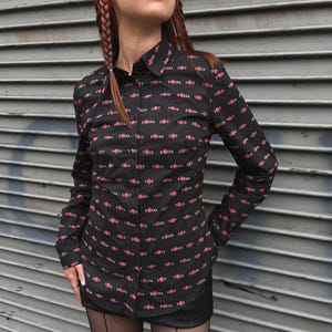 Vintage Moschino Jeans Button-Down Shirt: Polka Dot Text Print, Made in Italy (S/M)