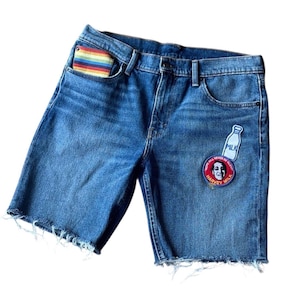 Levi's 511 denim cutoffs: Harvey Milk-patches, jaren 80-stijl, maat 33