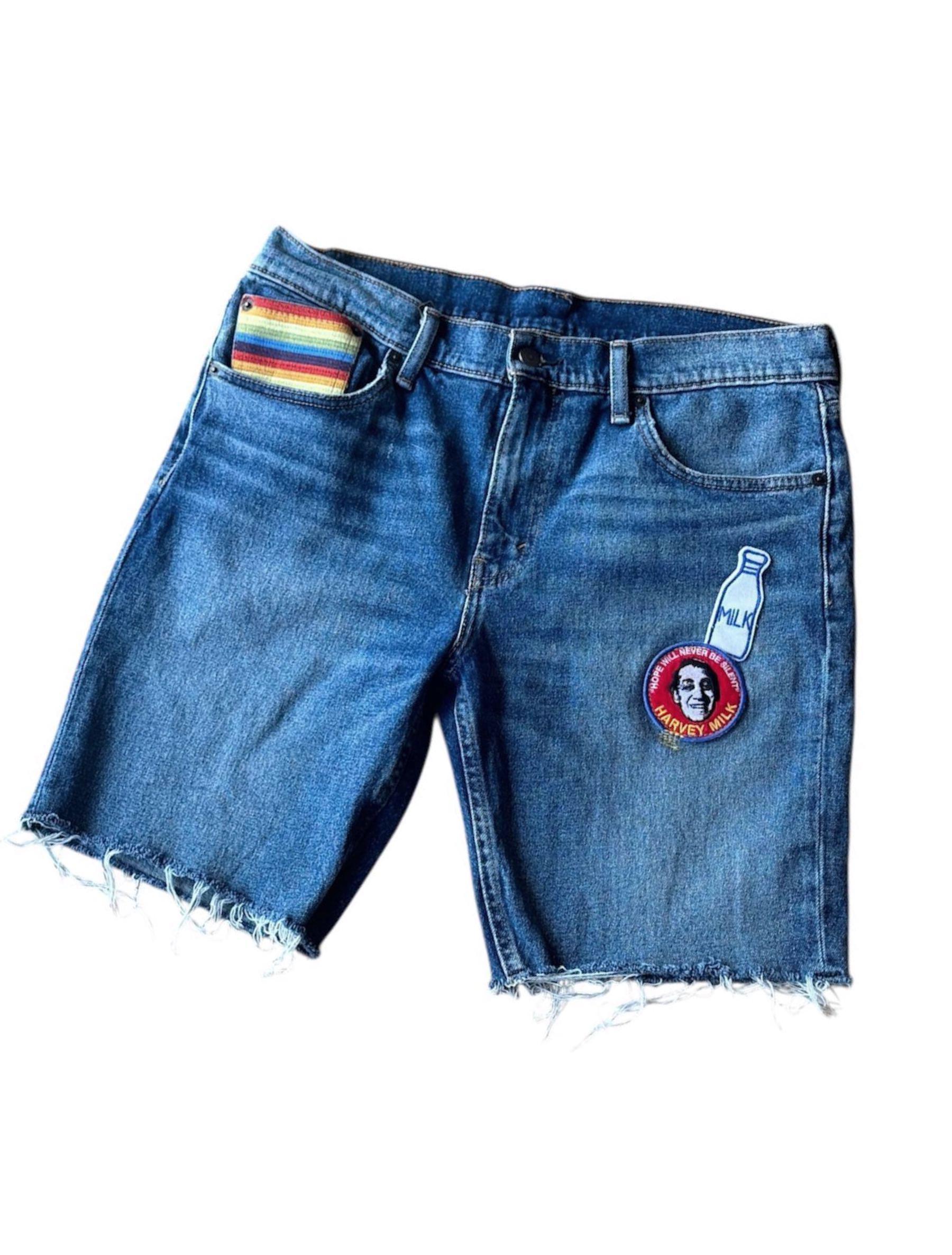 Levi's 511 Denim Cutoffs: Harvey Milk Patches, 80s Style, Size 33