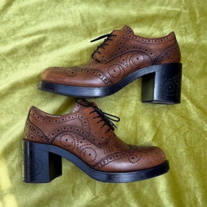 Miu Miu Chunky Brogue Heels — Platform Oxfords, Office Siren, Brown Leather — Size Women’s EU 38 USA 7.5