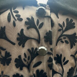 May include: Close-up of a black velvet dress with a sheer overlay featuring a floral pattern. The dress has a black collar, decorative buttons, and a velvet belt with a buckle. The fabric has a soft, textured appearance.