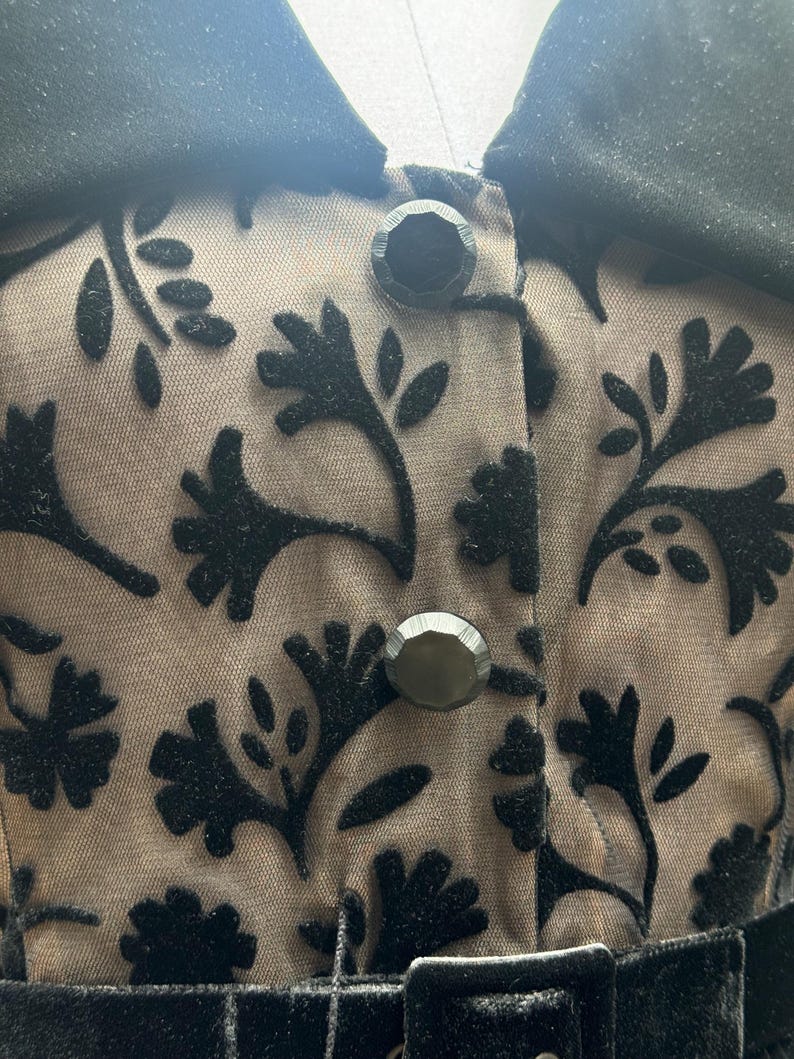 May include: Close-up of a black velvet dress with a sheer overlay featuring a floral pattern. The dress has a black collar, decorative buttons, and a velvet belt with a buckle. The fabric has a soft, textured appearance.