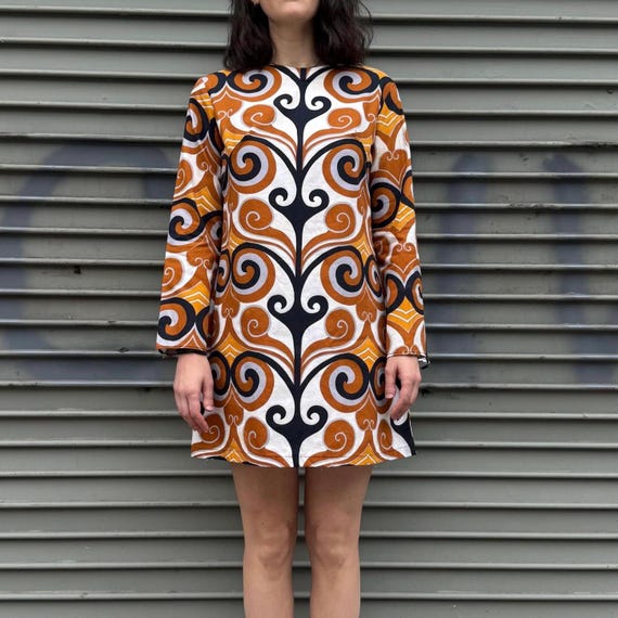retro print mini dress 1960s Mod Mini Dress: Psychedelic Swirl Print, Bell Sleeves, Size Small