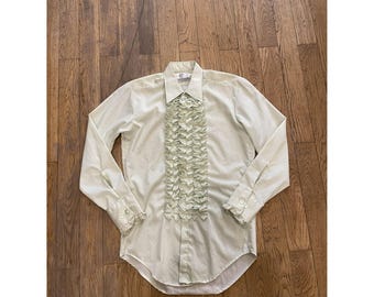 Vintage 70s Celery Green Frilly Tux Button Up Shirt