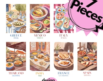 World Cuisine Art Prints: 7 Country Food Posters (Digital Download)