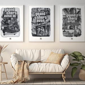 Set di 3 poster con grafica retrò della trilogia GTA / Poster da parete con gioco classico per console PS2 / Stampa di Grand Theft Auto / Regalo per ragazzo adolescente con grafica di videogioco